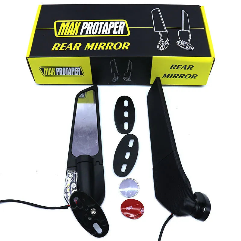 Pair of yellow motorcycle rearview mirrors with integrated running reflectors, showing convex glass lens and aluminium housing.