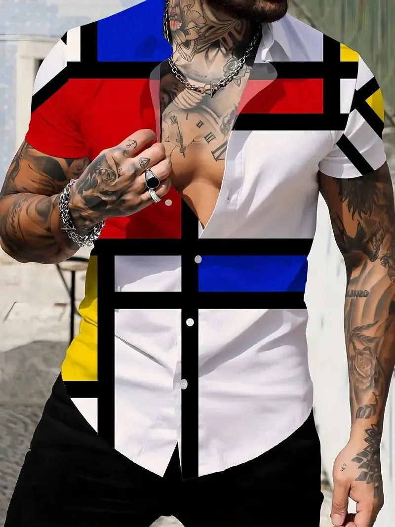 Men's slim fit short sleeve shirt with geometric line printing on the lapel, cardigan style, in a light colour.