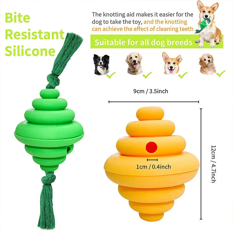 Green rope and ball dog toy with treat dispensing hole for large breeds