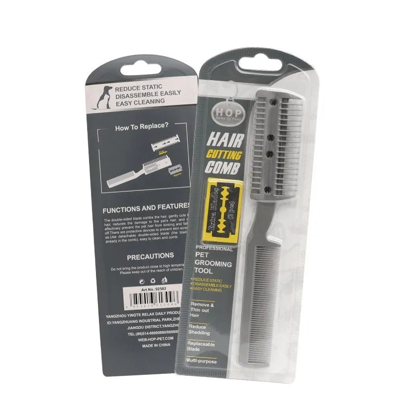 Plastic dog hair cleaning comb with spare blade in blister packaging for pet grooming