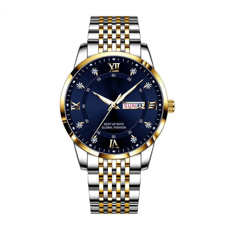 Men's quartz calendar week display watch with luminous dial, 42mm alloy case, stainless steel buckle, intergold colour