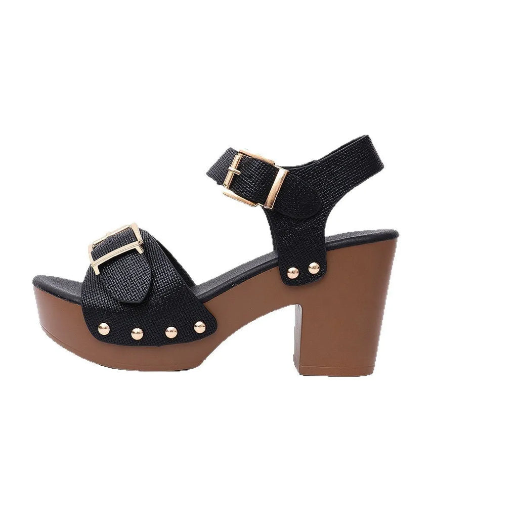 Plus size thick high heel sandals with buckle closure and rivet decoration in beige colour