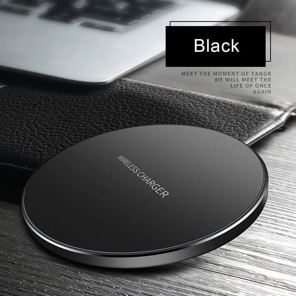 Ultra-thin black wireless charging base with 9V fast charging capability for QI devices