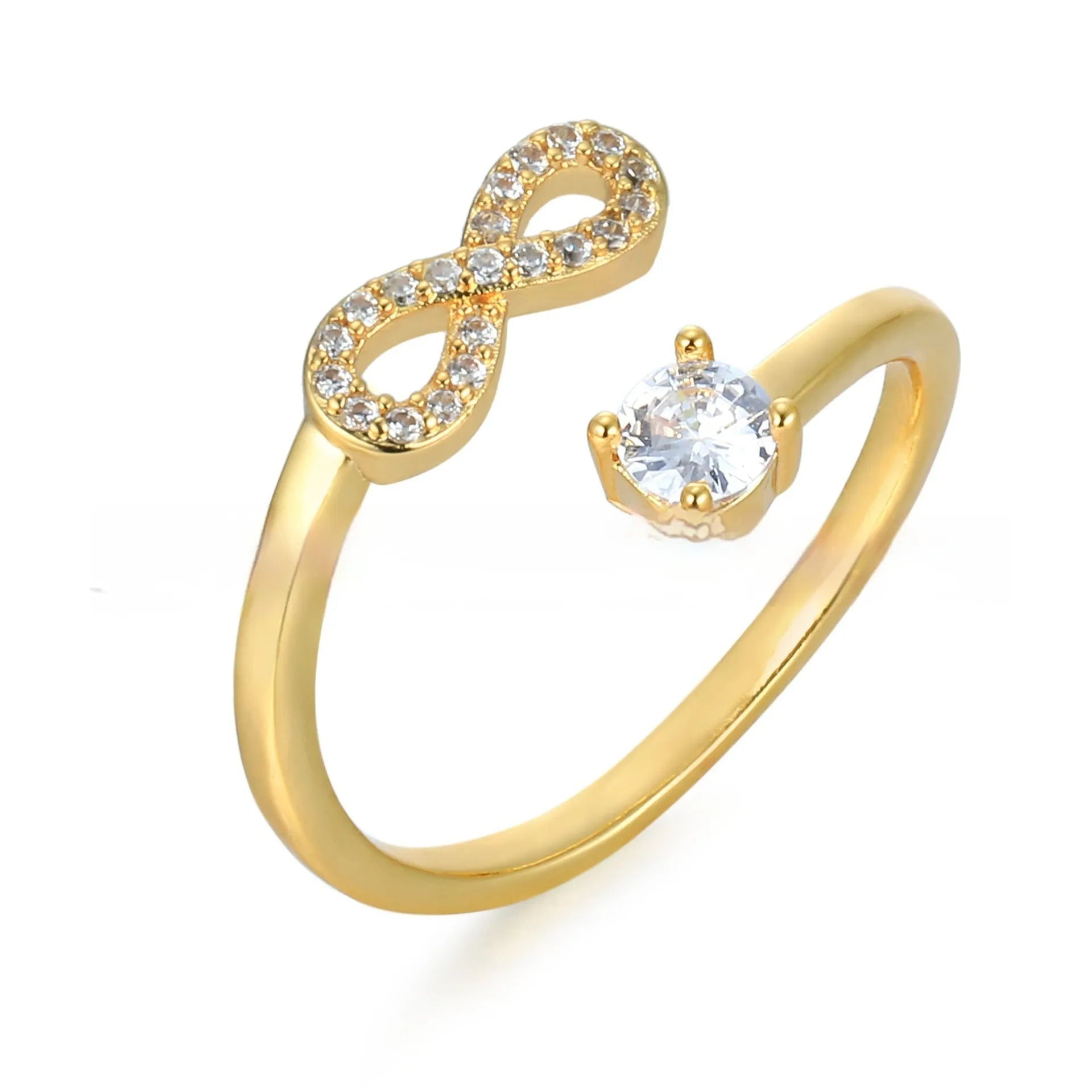 Open geometric ring with a letter charm inlaid with zircon stones, shown in silver finish.