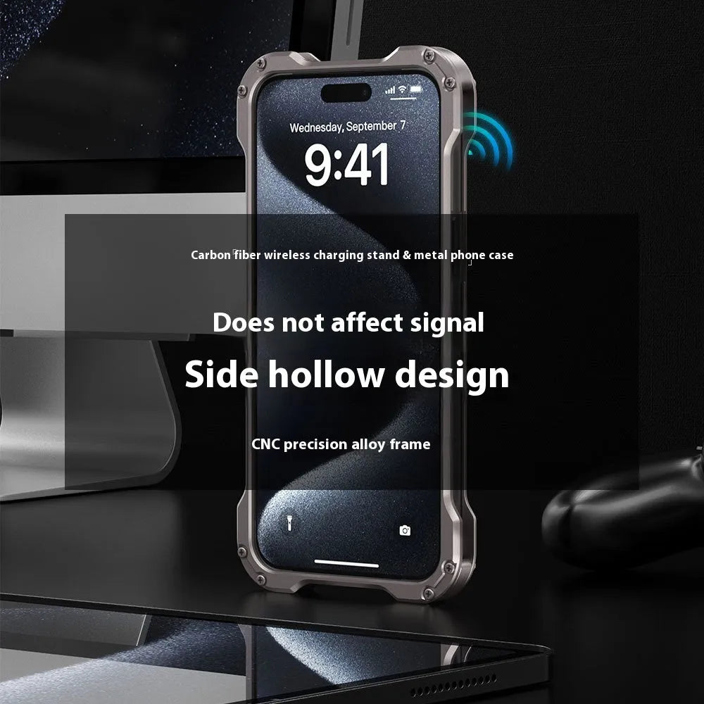 Dark gray metal carbon fibre rotating bracket phone case for Apple iPhone 15 Pro Max with anti-fall and anti-fingerprint properties