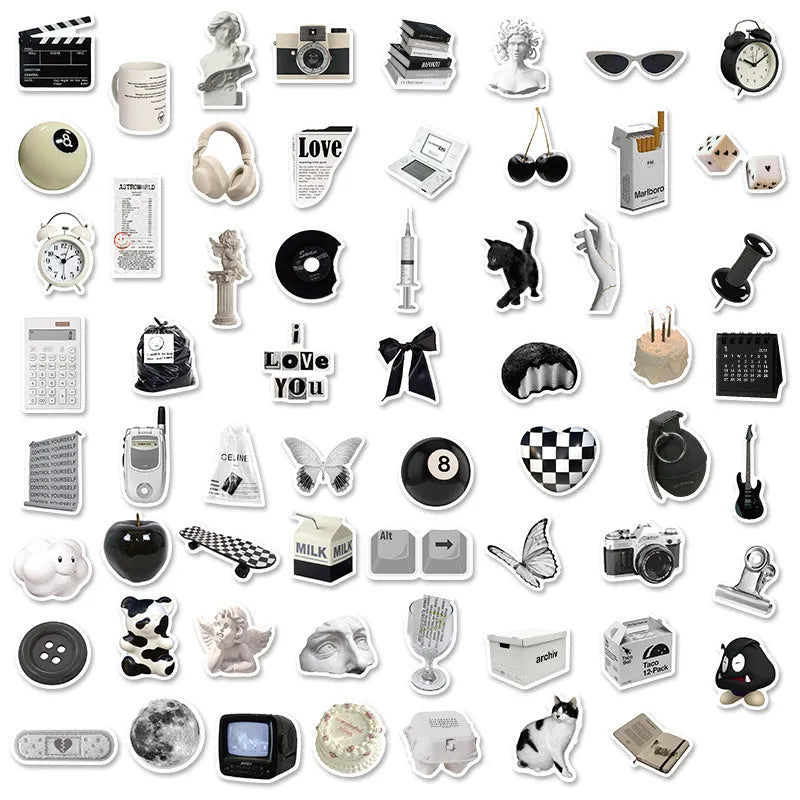 61 black and white simple style PVC vinyl stickers for laptops and phones.