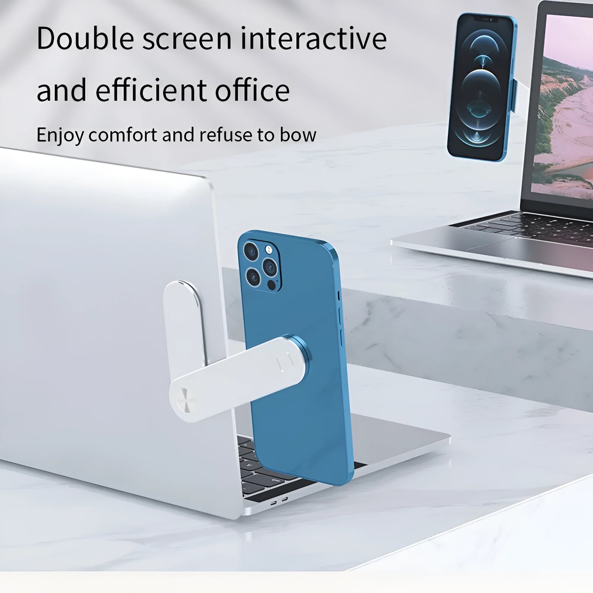 Black aluminium magnetic phone holder mounted on side of laptop screen.