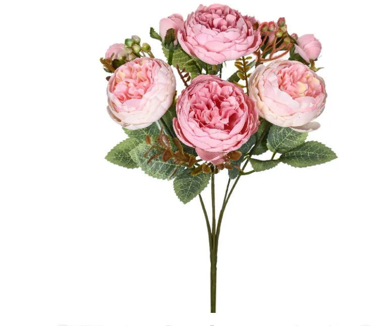 Artificial silk peony flower bouquet in Champagne gold and Sand Red terracotta colours for home decoration.