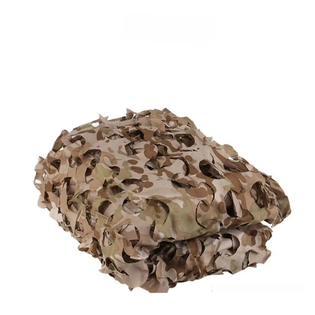 Green camouflage net with mesh pattern for outdoor camp cover and military sunshade.