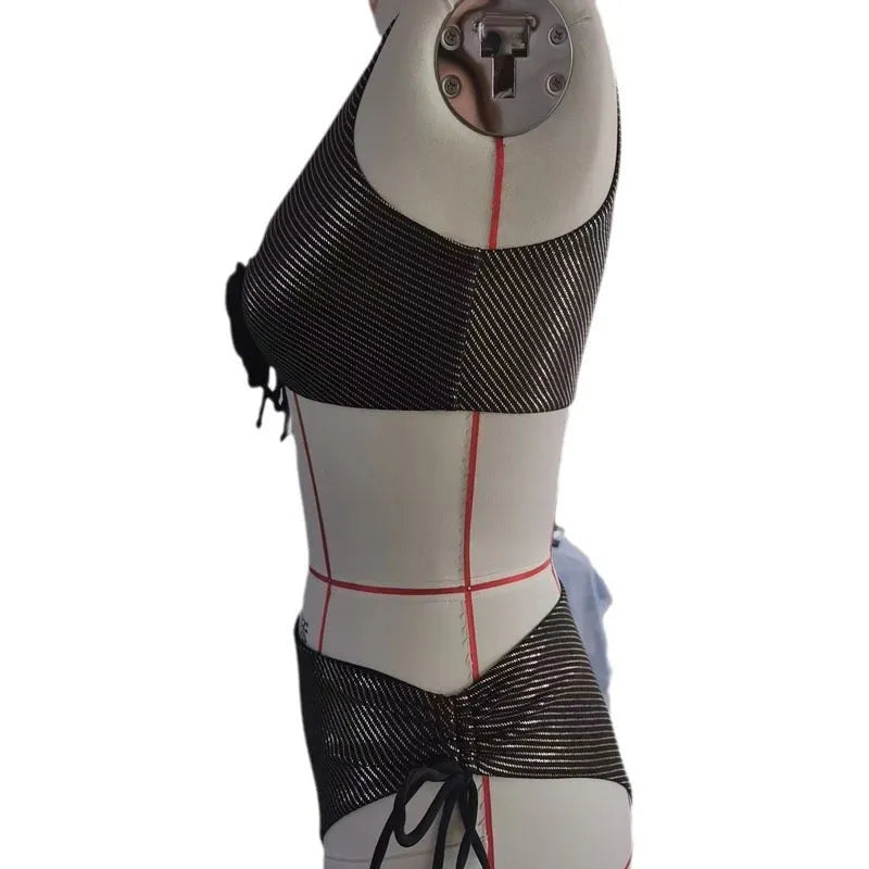 Black women's triangle swimsuit with high-waisted briefs in polyester fabric