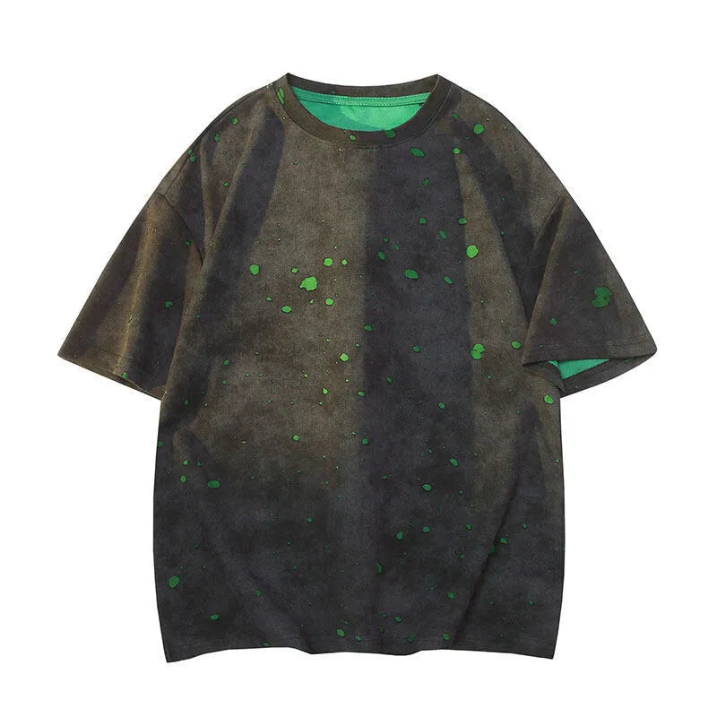 Men's ripped loose fit short sleeve t-shirt in khaki, dark green, and black and grey colours