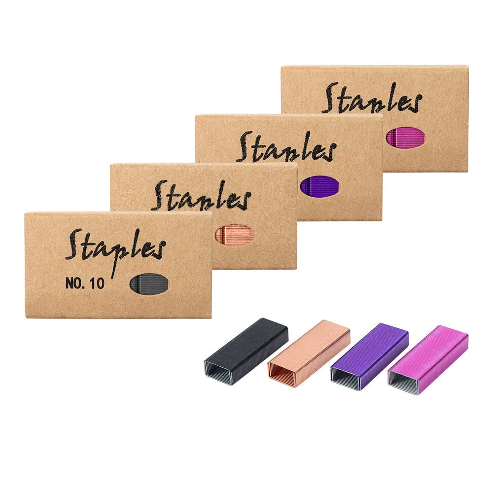 Box of 1000 metal stitching needles in black, purple, rose gold, and rose red colours.