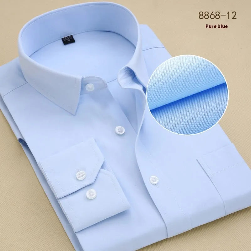 Men's black slim fit long sleeve business shirt made from cotton fabric.