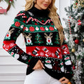 Women's long-sleeved turtleneck sweater in black Christmas animal pattern, slim fit acrylic pullover, sizes S-XXL