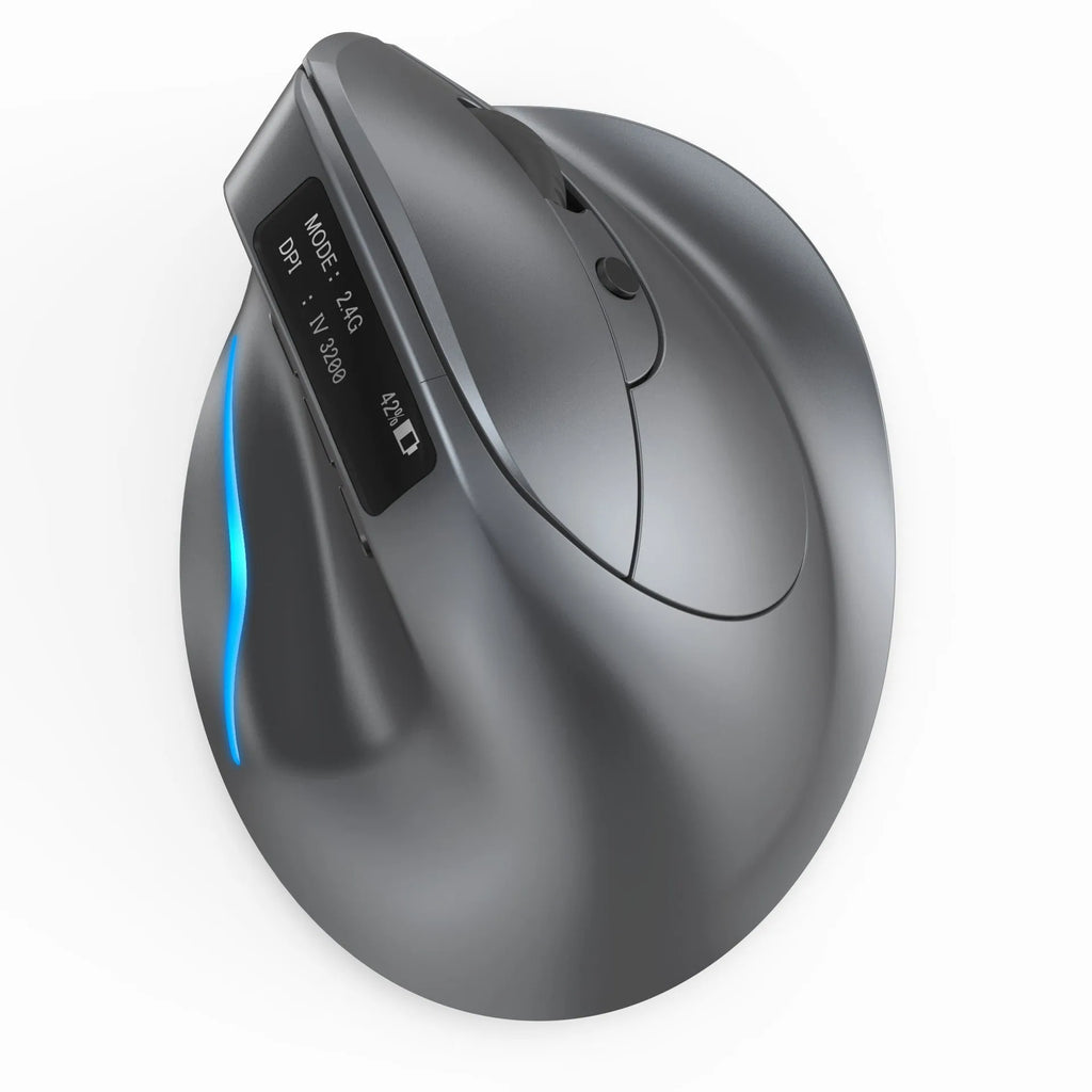 Grey Bluetooth self-charging vertical mouse with dual-mode grip design for laptop use