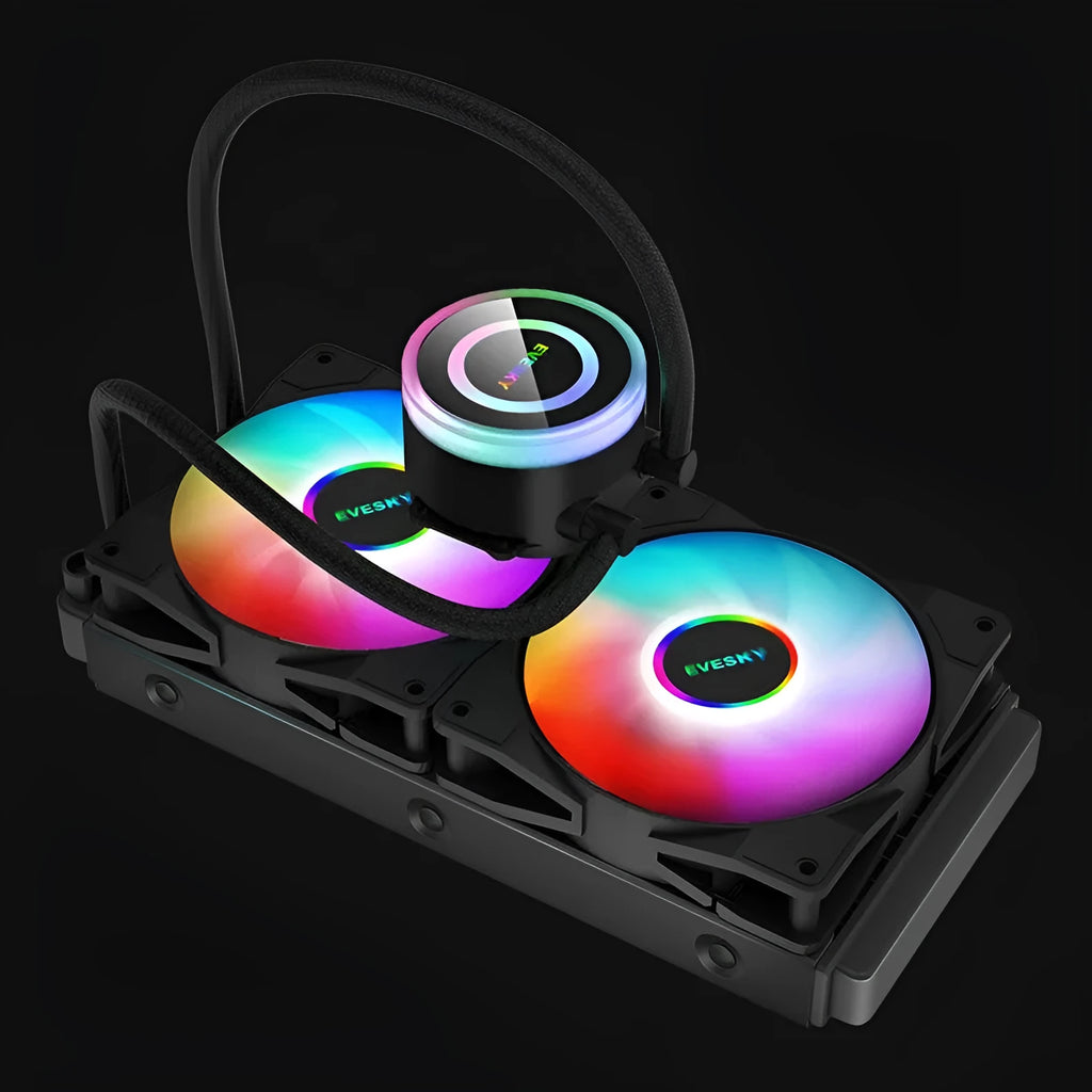 Aluminium CPU radiator with silent fan, showing multi-angle mounts and available in 120mm, 240mm, 360mm sizes