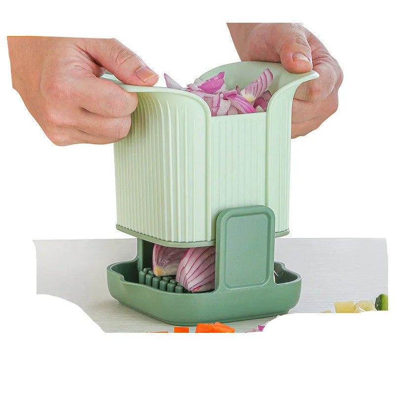 Green manual vegetable chopper with stainless steel blades for onions, potatoes, radishes, cucumbers