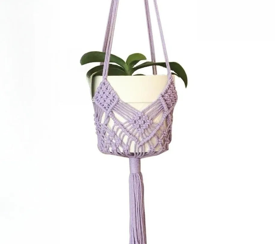 Hand-woven polyester cotton flower pot in natural colour with woven net pocket design