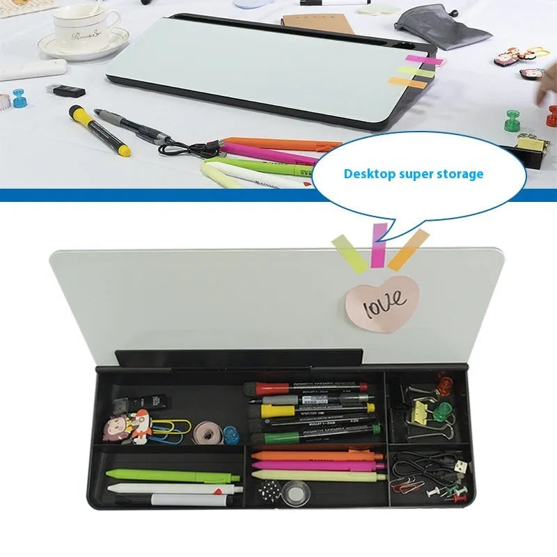 Table top glass whiteboard 18x40cm in black finish on a desk with markers