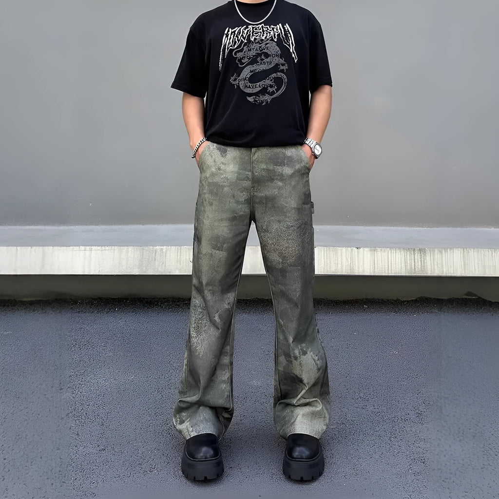 Men's straight-leg jeans with retro digital camouflage pattern and mid-waist design