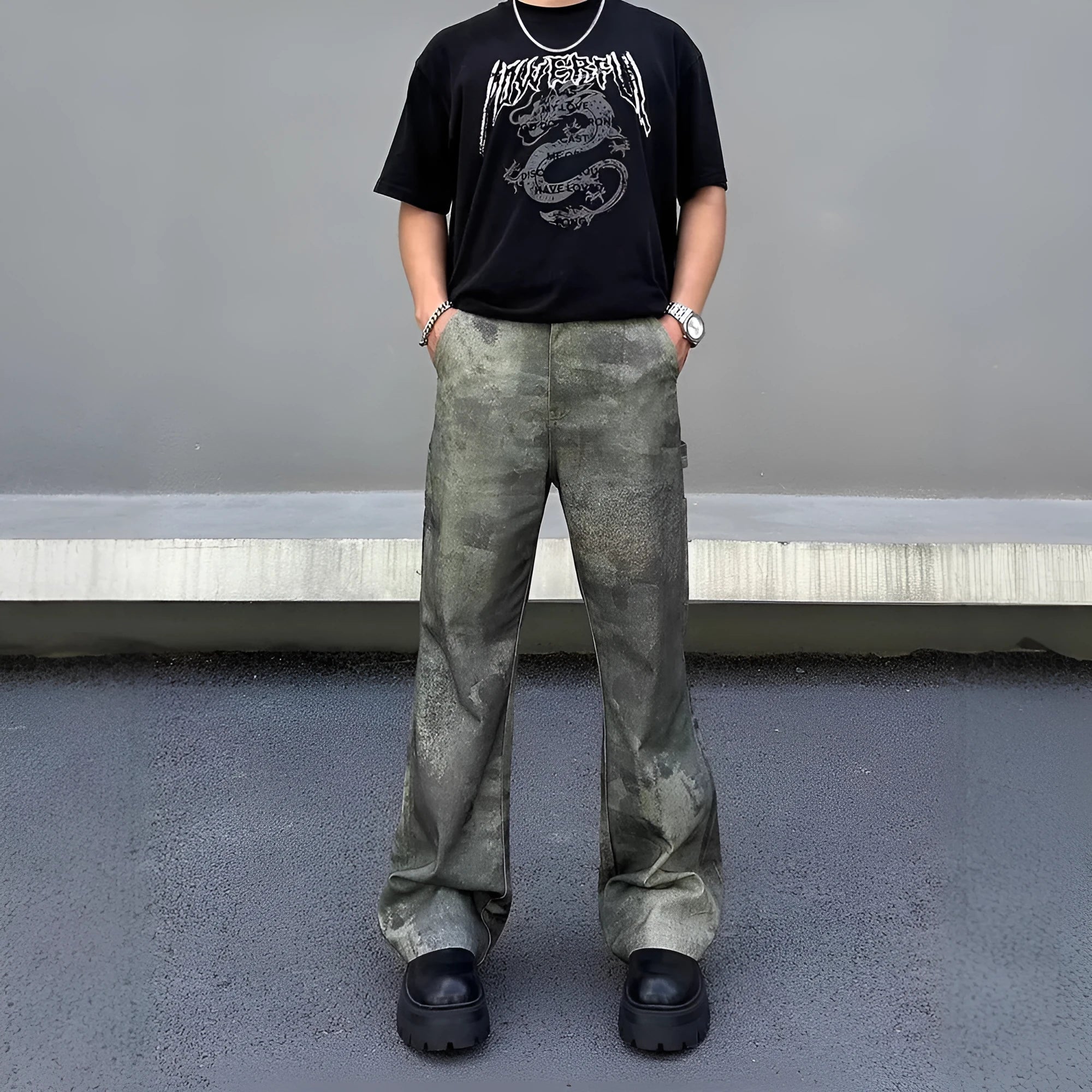 Men's straight-leg jeans with retro digital camouflage pattern and mid-waist design