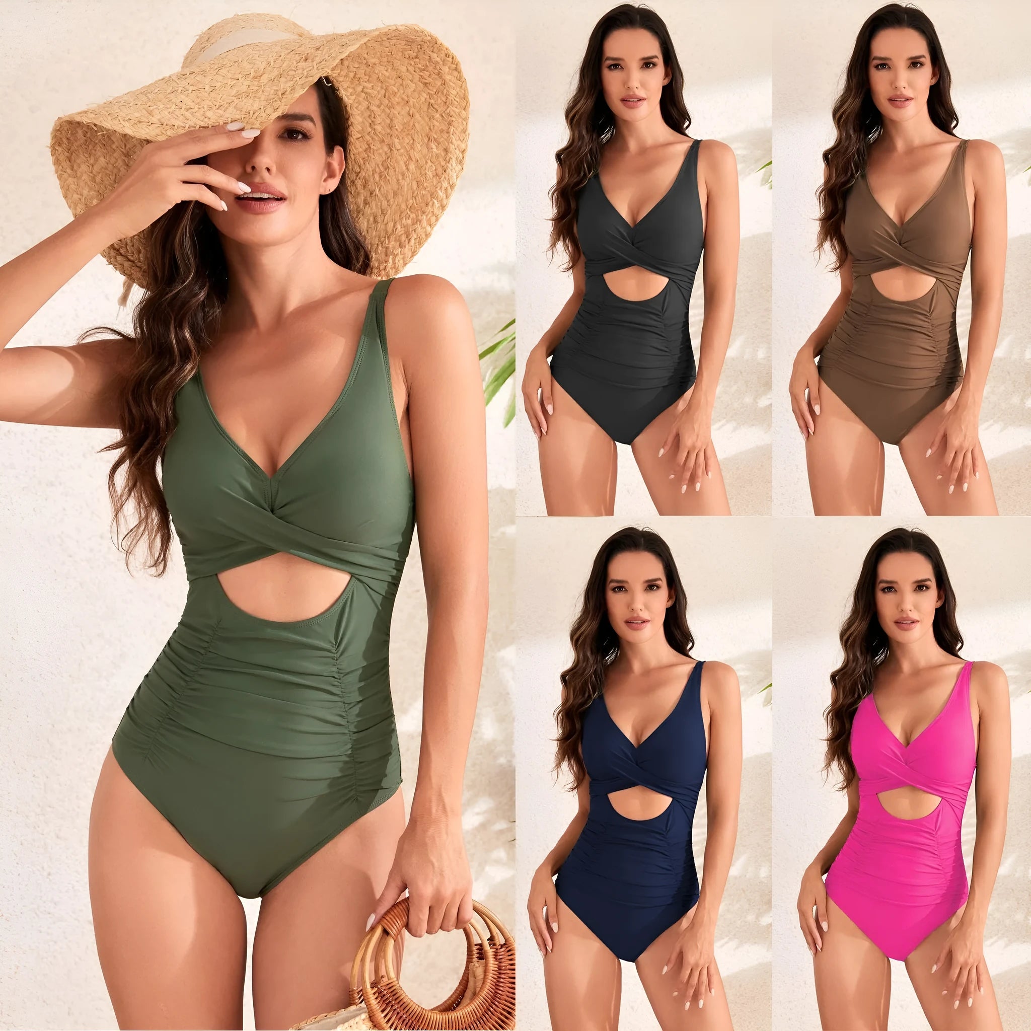 Solid colour cross pack pleating high waist one-piece nylon swimsuit in black, sleeveless, front view