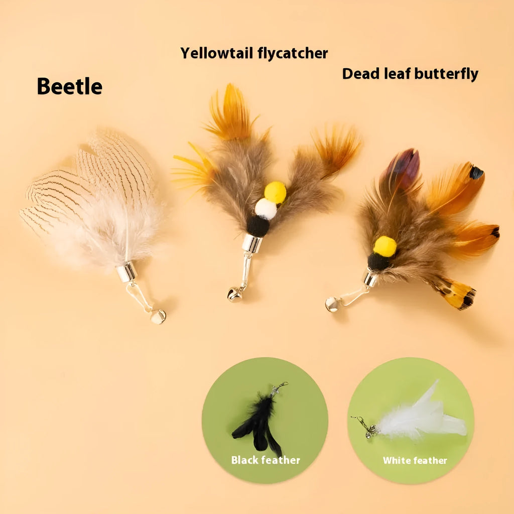 Three small steel wire insect-shaped replacement heads for cat wand toys on a white background.