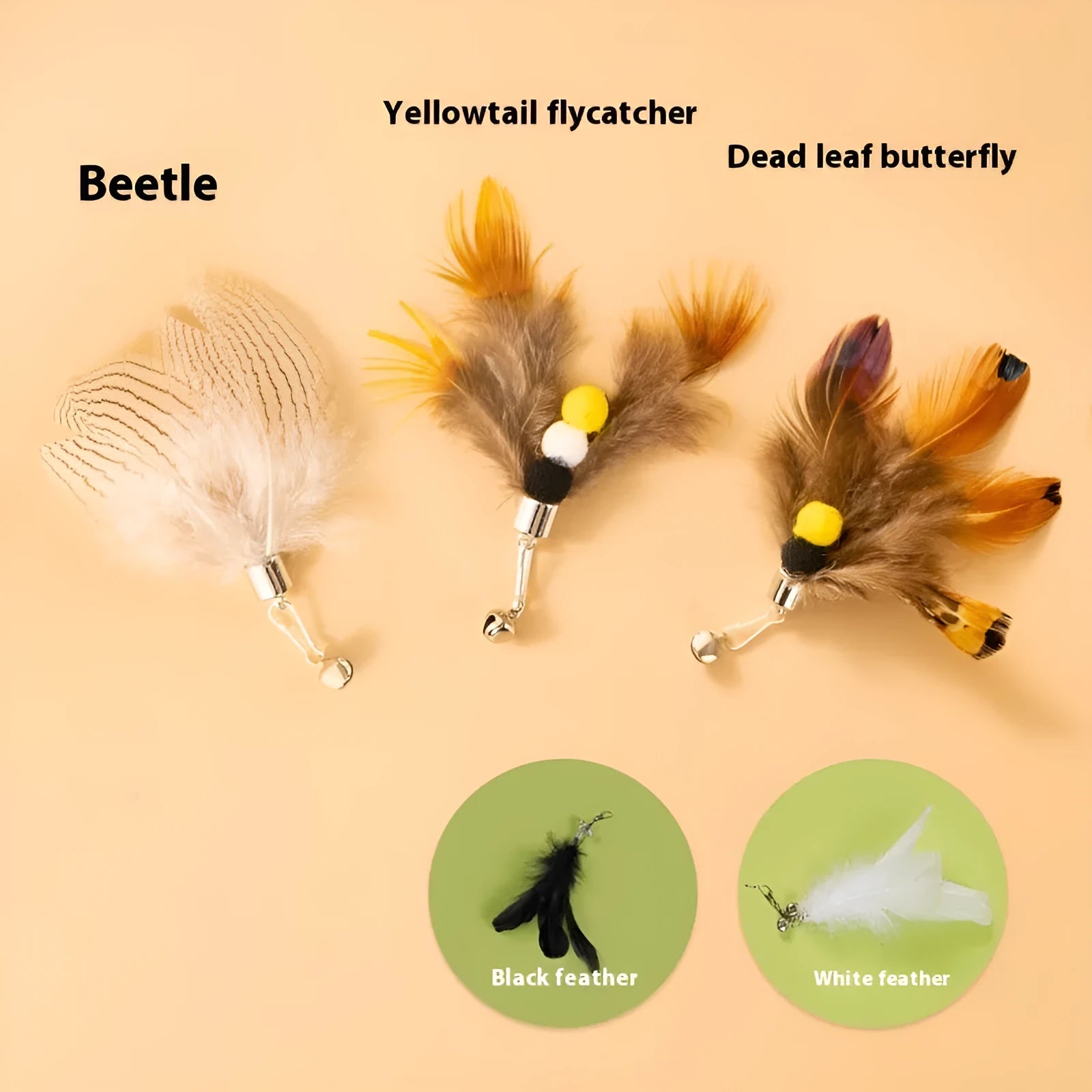 Three small steel wire insect-shaped replacement heads for cat wand toys on a white background.