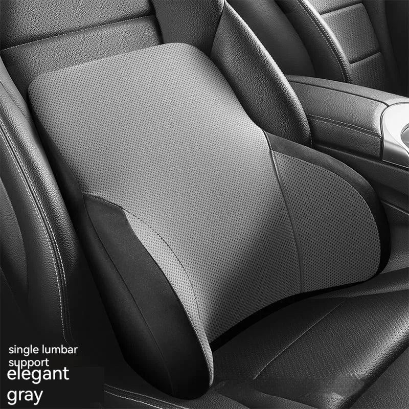 Memory foam and latex car lumbar support pillow and matching headrest with knitted fabric cover.