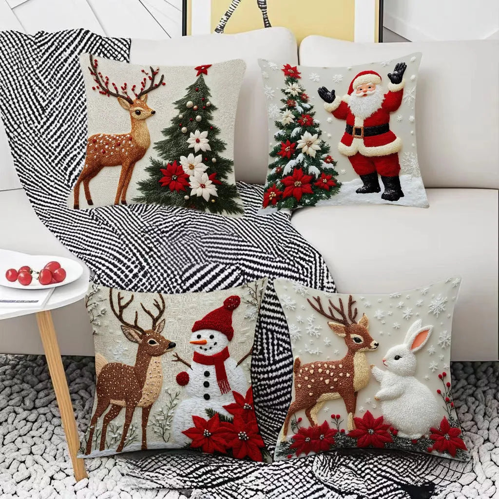 Christmas cushion cover 45x45cm with elk and rabbit print on linen-style fabric for sofa decoration