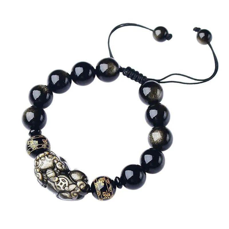 Hand-woven golden obsidian Pi Xiu bracelet with natural stone beads in Chinese zodiac style