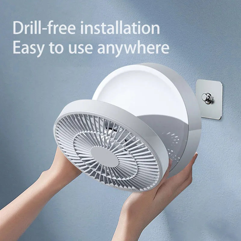White portable folding fan with remote control, night light, and USB charging cable