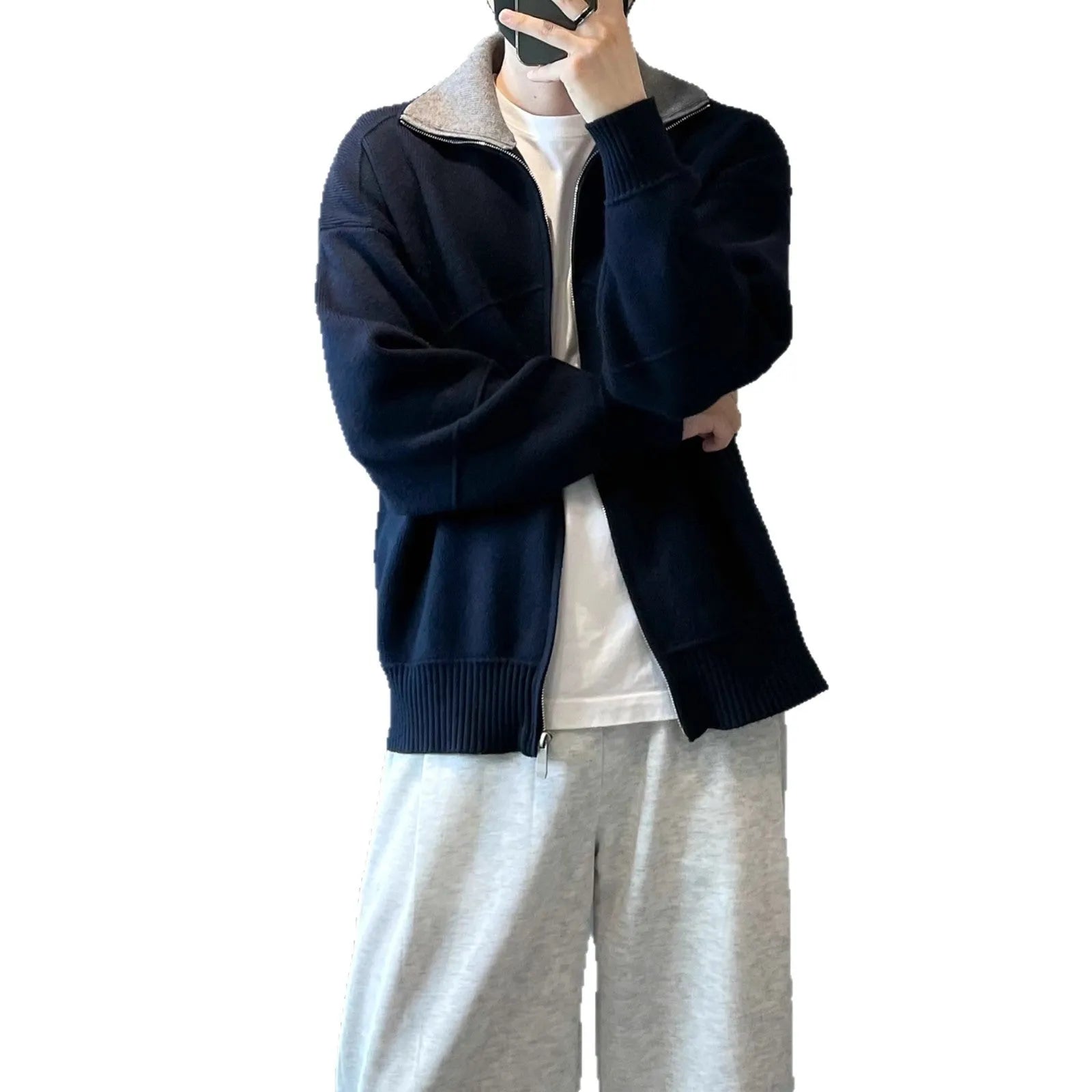 Barne style contrast colour knitted cardigan sweater for men, loose fit, long sleeves, apricot colour, front view