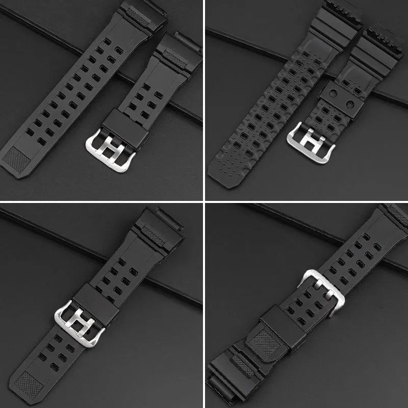 Camouflage patterned TPU watch strap with a silver buckle on a white background