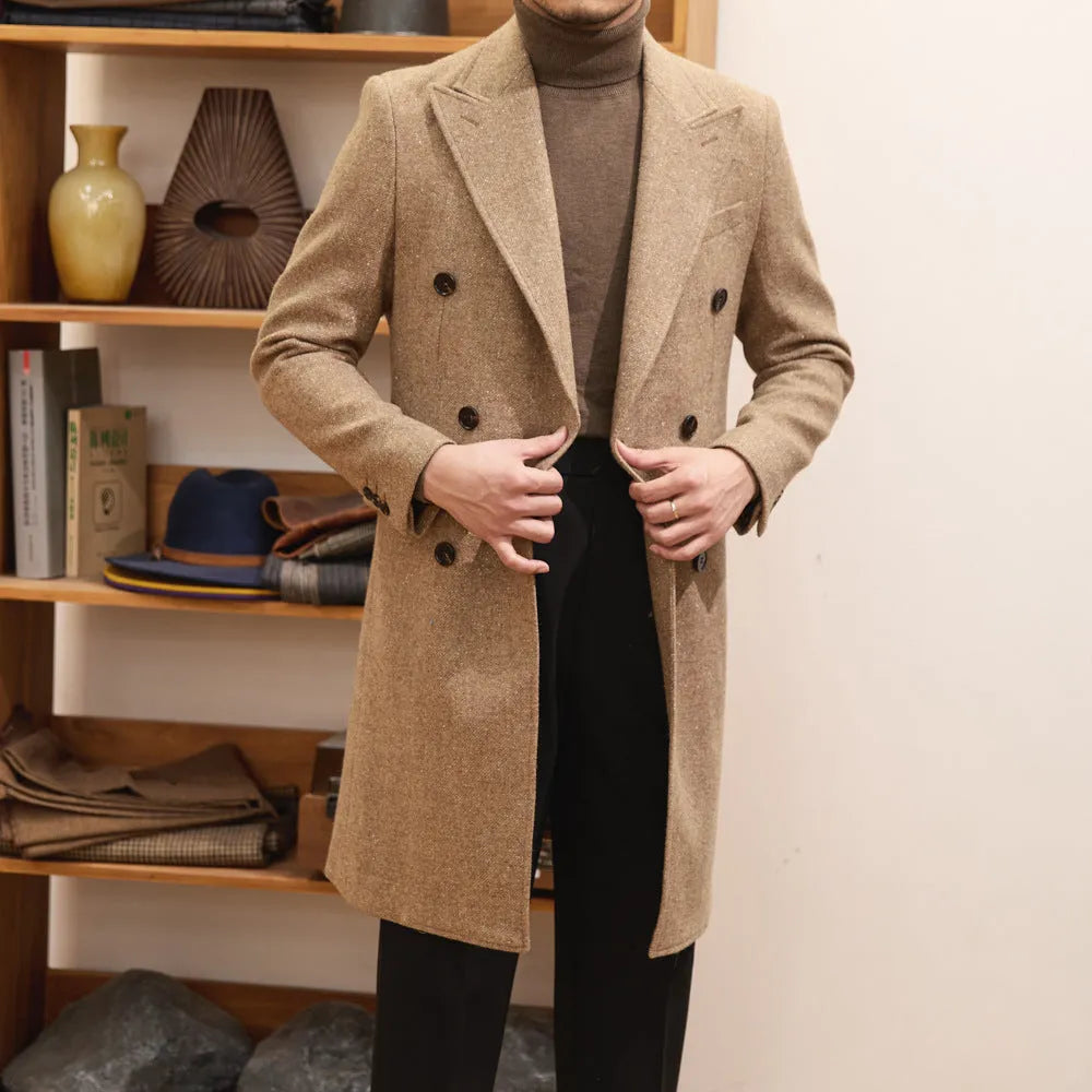 Men's brown wool double breasted slim fit jacket with side seam pockets and straight hem
