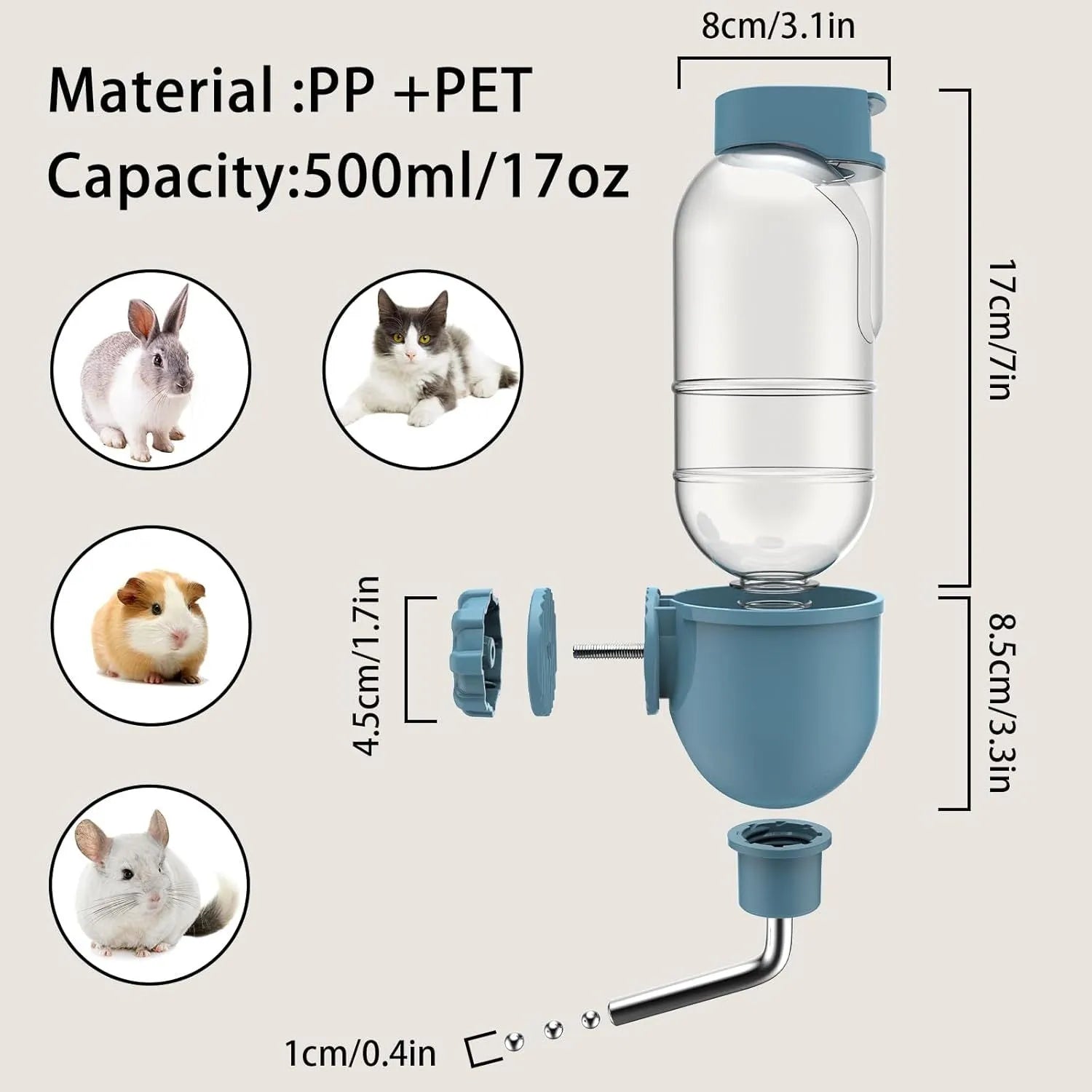 Blue small animal water bottle with rotatable nozzle shown mounted on a cage bar