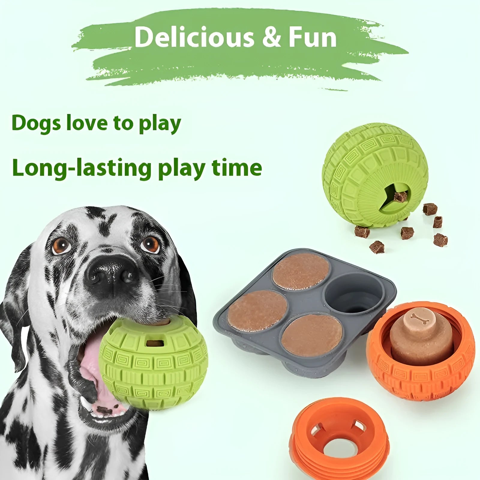 Green natural rubber dog dropping ball toy showing dimensions and texture