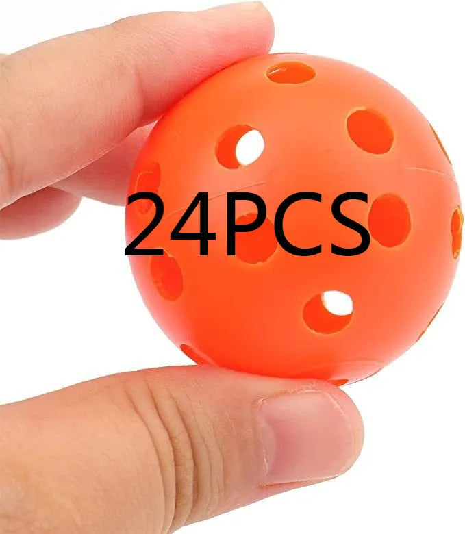 Multi-coloured 42mm golf practice balls with dimpled design in a net bag.