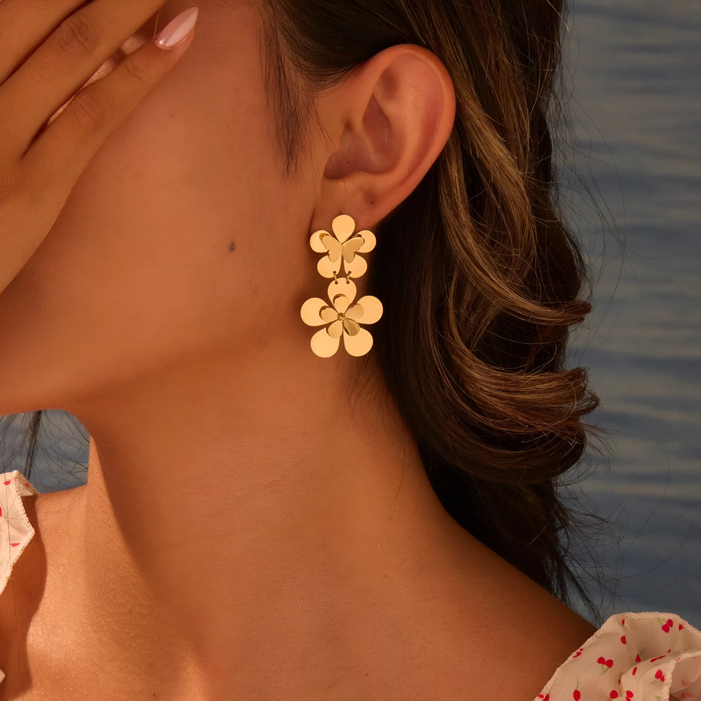 Gold flower butterfly stainless steel earrings for women with geometric details