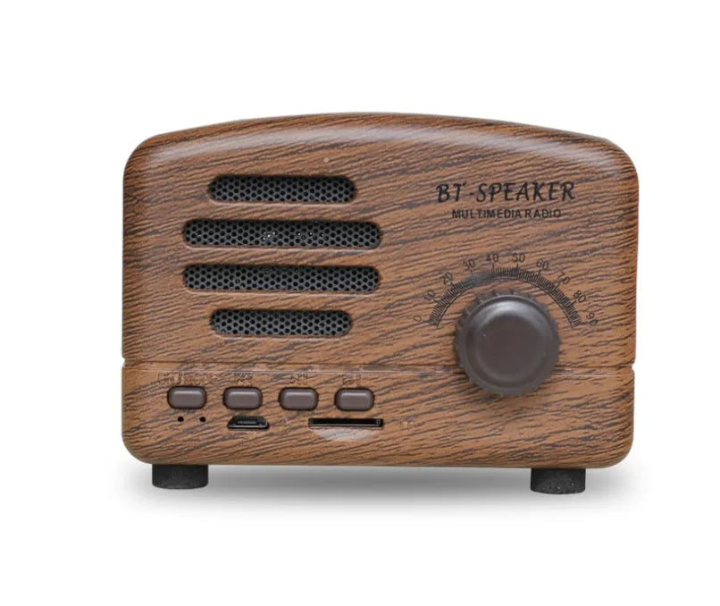 Vintage wood grain Bluetooth speaker with compact design and USB charging cable
