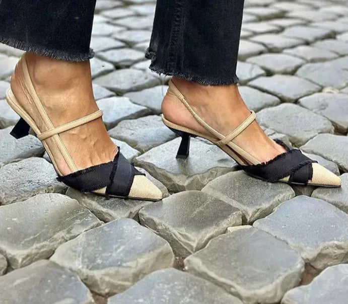 Women's apricot black colour block pointed toe stiletto sandals with buckle fastening