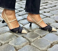 Women's apricot black colour block pointed toe stiletto sandals with buckle fastening