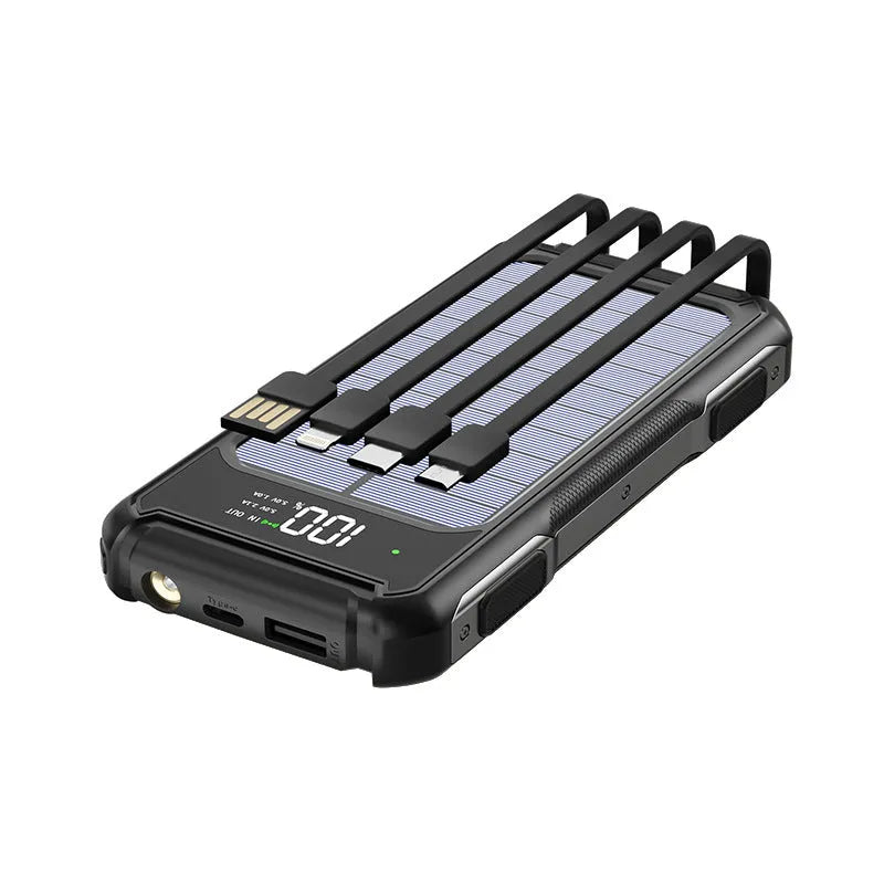 Black military grade portable power bank showing front panel with capacity rating and ports.
