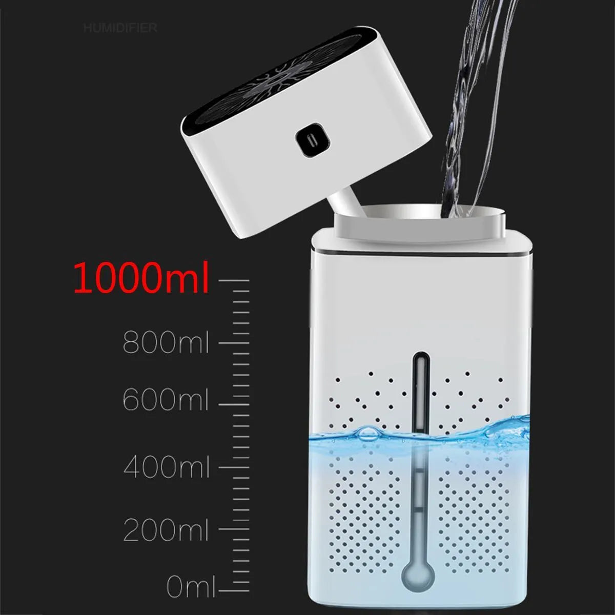 Black or white desktop USB humidifier with 1000ml water tank on a wooden desk.