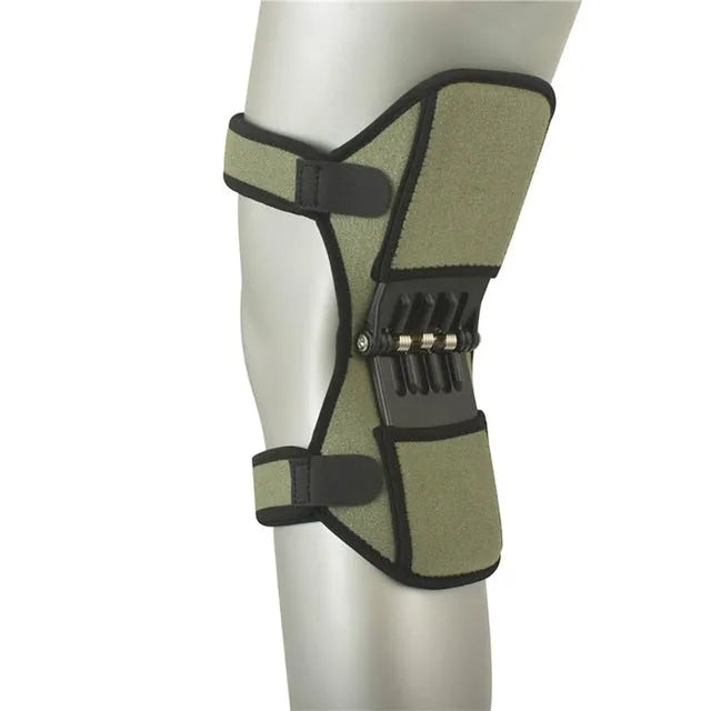 Adjustable spring knee brace support for mountaineering and sports, shown in black with breathable fabric.