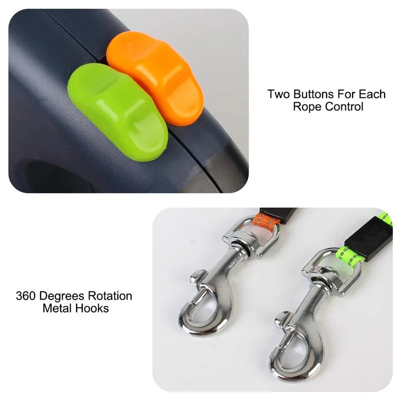 Dual retractable dog leash for small dogs with flashlight, poop bag slot, and 3-metre reflective rope.