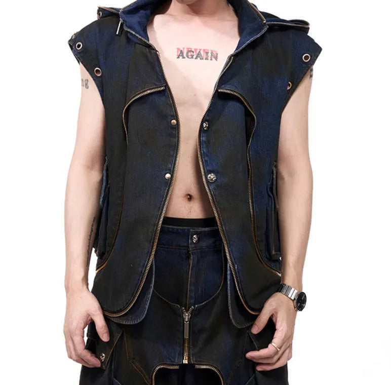 Blue denim-style hooded vest coat with matching trousers laid flat as a two-piece set.