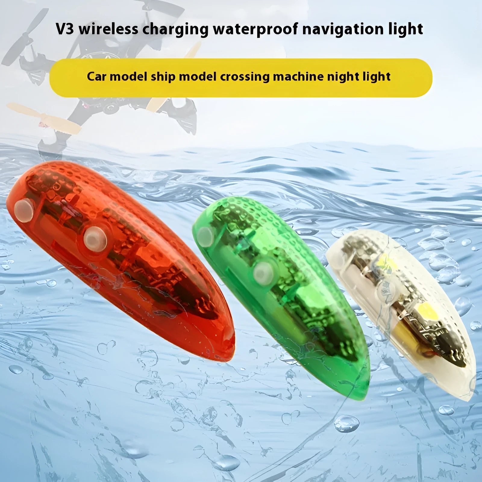 V3 wireless charging waterproof navigation light for RC cars, boats, and aircraft models.