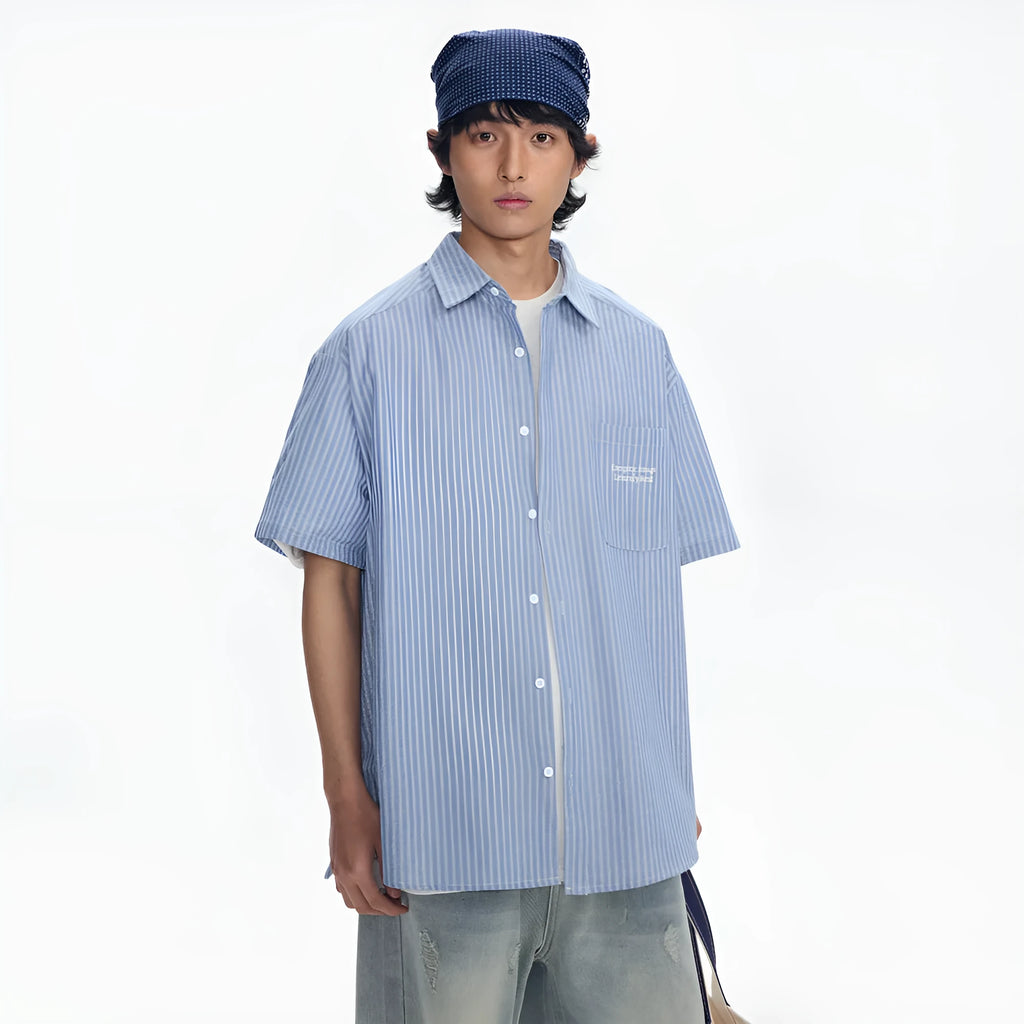 Blue striped loose fit overalls shirt with short sleeves and cardigan style design