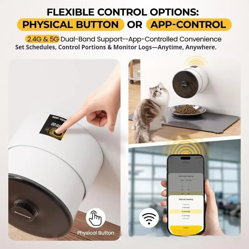 White plastic automatic pet feeder with button controls and UK plug for cats and dogs